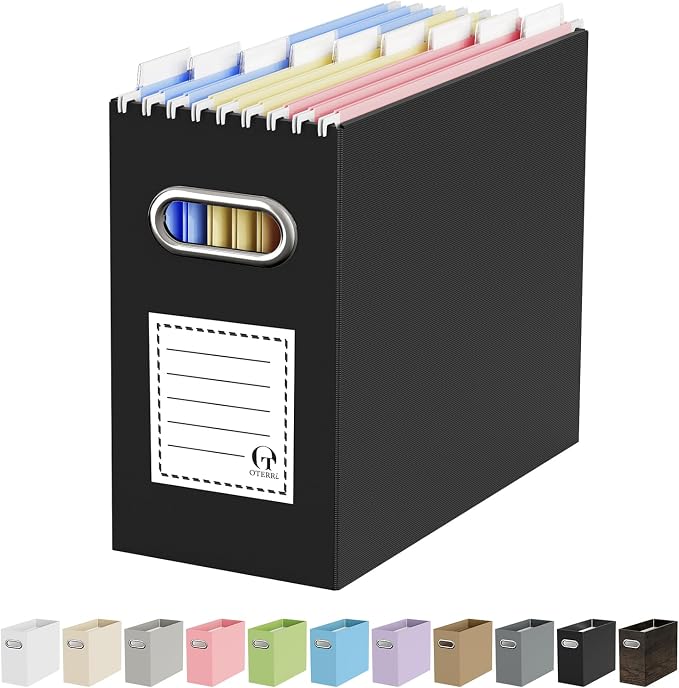 Oterri File Organizer Box, Portable Collapsible Cardboard File Folder Organizer with Handle for Letter Size Hanging Files, Document Storage Box for Home Office & Classroom (1 Pack, Black)
