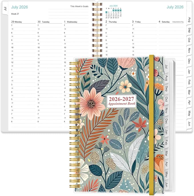 2026-2027 Appointment Book & Planner - 2026-2027 Daily Hourly Planner from July 2026 - June 2027, Weekly Appointment Book with 30-Minute Interval, Medium 6.4" x 8.5", Flower-A