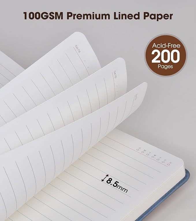Lined Journal Notebook with Pen, A5 Personalized Hardcover Leather Journal for Men Women, 200 Pages 100 GSM Thick Paper College Ruled Notebooks for Work Travel School Writing Diary 5.9" X 8.4" Blue