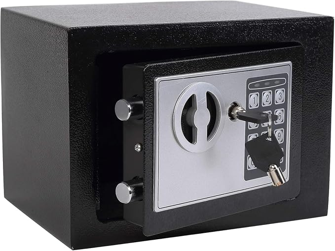 Yuanshikj Small Steel Security Safe Box with Keypad,Key;0.23 CuFt, Black | Electronic Digital Secure,9.1" W x 6.7" D x 6.7" H,Hidden for Home Dorm Apartment Hotel Office Cash Jewelry Storage