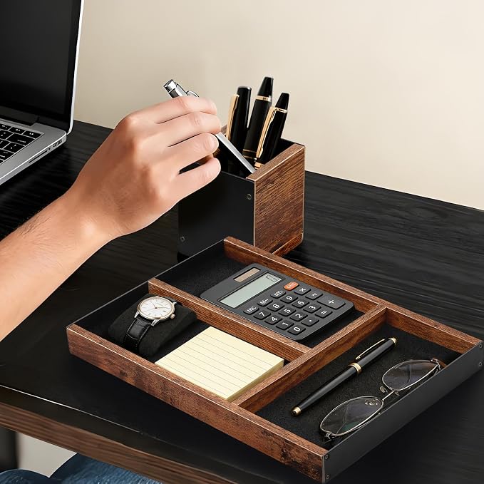 Wooden Desk Tray with Integrated Pen Holder, Luxury Office Organizer for Executive Desk, Minimalist Wood & Metal Stationery Storage Set, Premium Gift for Men & Home Office Decor