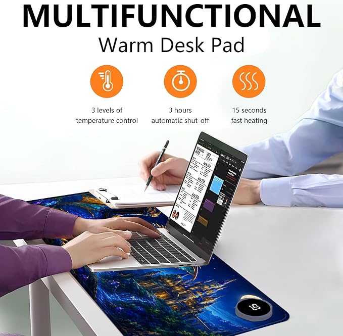 Large Heated Mouse Pad–31.5" x 13" Desk Mat for Office | 3 Adjustable Heat Levels,Auto Shut-Off After 3 Hours for Safety,Keeps Hands Warm While Working，Castle Dragon