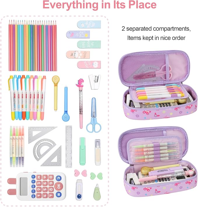 Bagseri Pencil Case for Kids - Special Cute Pencil Pouch for Girls Large Capacity Pencil Bag Aesthetic Kids Pencil Box for School (Purple Butterfly)