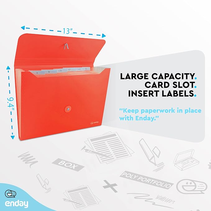 Accordion File Organizer Red, 7 Pocket Expanding File and Cover Folder with Labels, Plastic Portable Desktop Letter A4 Paper, Also Available in Purple, Green, Pink, Blue, Grey, 1 Pc – By Enday
