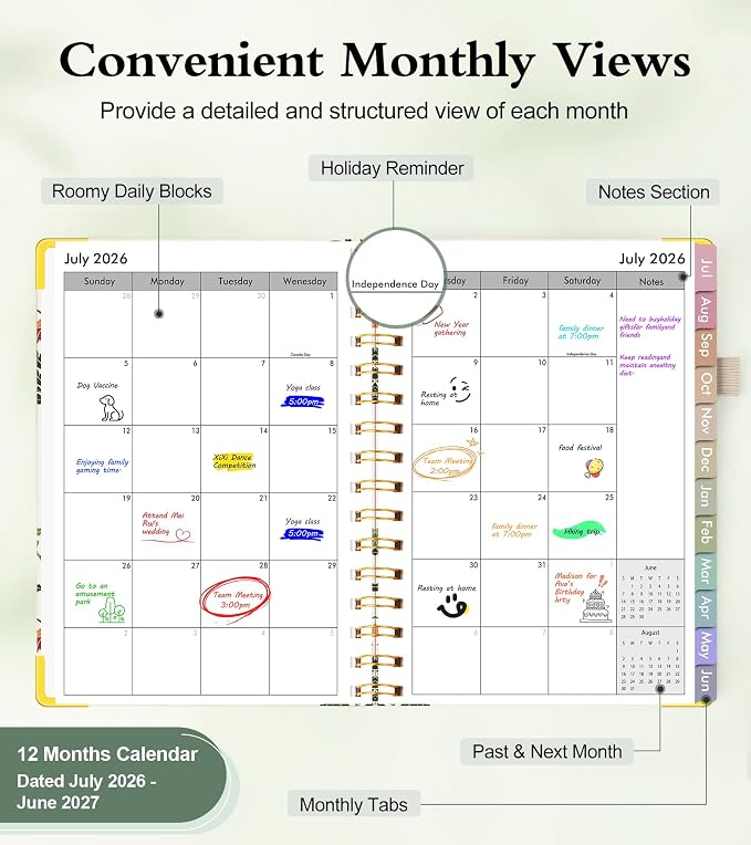 Academic Planner 2026-2027, Hardcover Weekly and Monthly Calendar Planner from July 2026 - June 2027, Daily Agenda Planners with Tabs, College School Organizer for Student Teacher, A4 (8.5" x 11"), Beige Bouquet