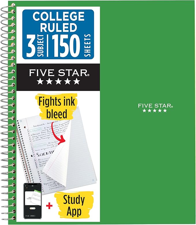 Five Star Spiral Notebook + Study App, 3 Subject, College Ruled Paper, Fights Ink Bleed, Water Resistant Cover, 8-1/2" x 11", 150 Sheets, Green (72067)