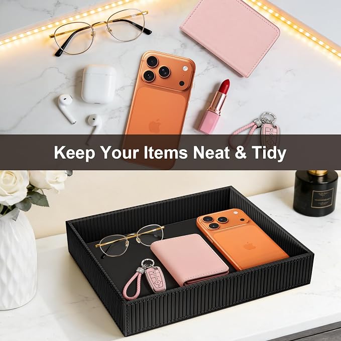 SITHON Valet Tray Desk Organizer PU Leather Catchall | Bedside Vanity Tray Nightstand Caddy Coin Box Key Jewelry Storage Organizer, Graduation, Stripe Black