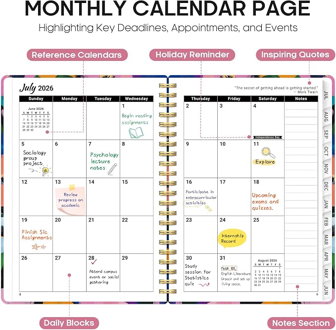 Planner 2026-2027, Academic Year Monthly and Weekly Calendar Planner, Jul 2026 - Jun 2027, Hardcover Teacher Student Planning Agenda book with Tabs, Perfect for School Office Supplies, 6.3" x 8.5" - Vivid Garden
