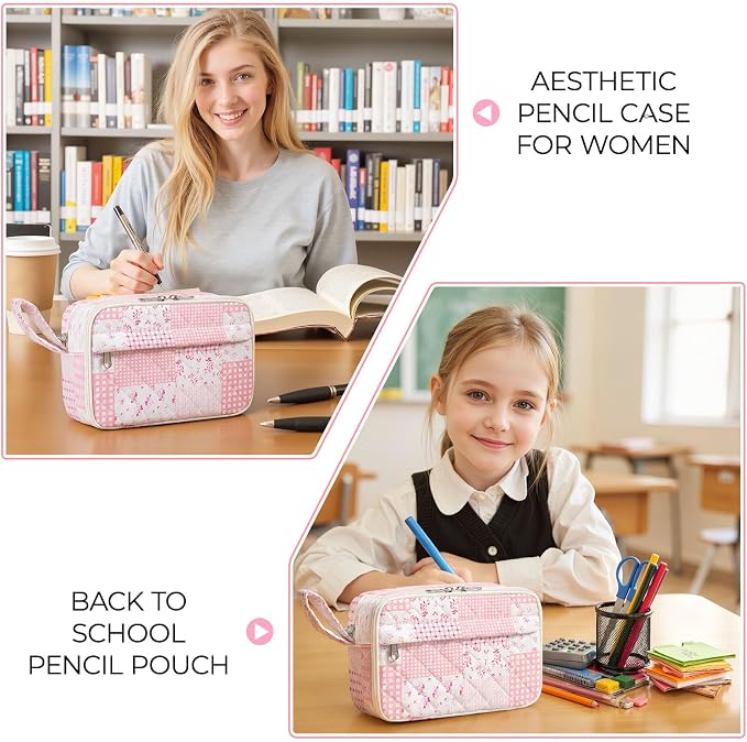 WOBAGMEN Quilted Pencil Pouch for Girls Women, Large Pencil Case Pouch with Compartments Cute Aesthetic Pencil Case Organizer, Floral Pencil Bag for School Supplies (Pink Patchwork)