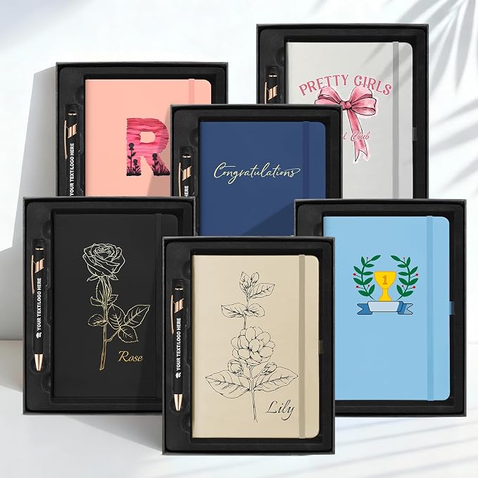 ENOMY Personalized Notebook Writing Set A5 Journal PU Leather Custom Notebook 200 Lined Pages Business Notebook with Metal Pen Gift Box for Holiday College Birthday Business Gift, Gold
