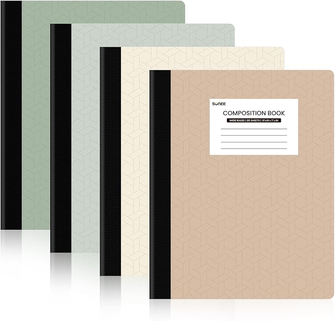 SUNEE Composition Notebooks - Wide Ruled Paper, 4 Pack Composition Book, 9 3/4" x 7 1/2", 80 Sheets/160 Pages, Assorted Morandi Colors, School & Office Supplies