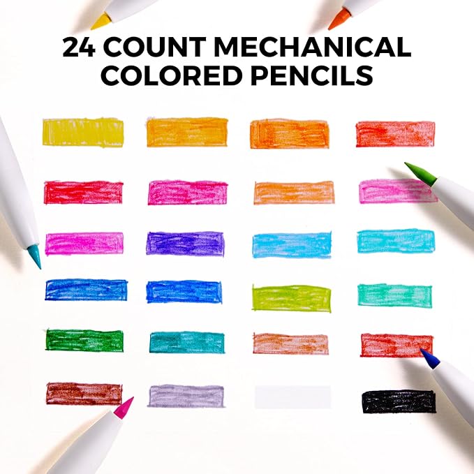 Jar Melo Mechanical Colored Pencils for Kids 24 Count, Erasable Oil-Based Pastel Pencils with Sharpener, Retractable Thick Color Leads, Drawing & Art Supplies for Kids, Artists Adults Coloring Books