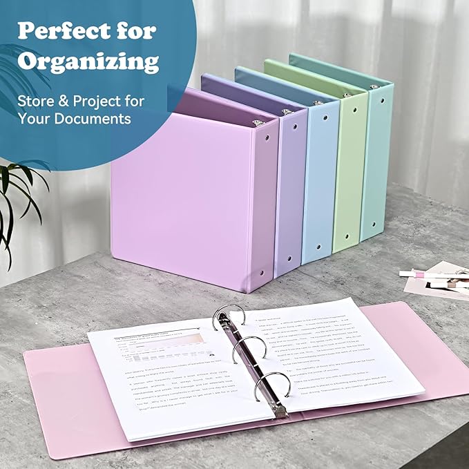 2-inch 3-Ring Binder with Pockets, Basic Binders 2'' Pastel Color Binders, Holds Letter Size 8.5'' x 11'', 450 Sheet Capacity, Bundle 6 Pack for Back to School (2- Inch)