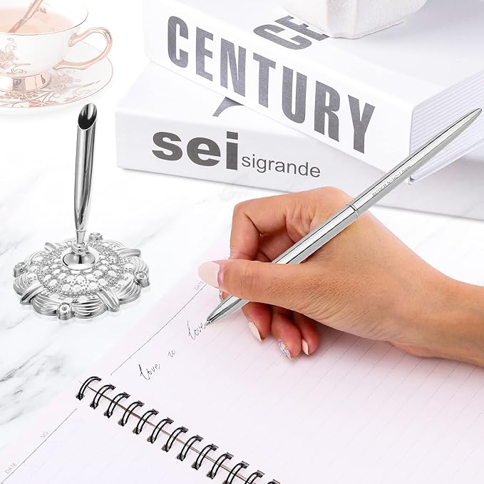 Hollow Round Pen Holder Signing Pen Set for Wedding Bridal Engagement Valentine's Day Favors,Silver 2 Pcs…