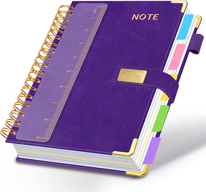 Hardcover Spiral Notebook 8''x 10'' College Ruled Notebook with Magnetic Closure, 300 Pages 5 Subject Notebooks with Pocket Dividers for Work School, B5 Leather Journal for Women, Men (Purple)