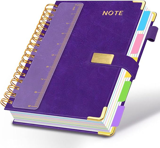Hardcover Spiral Notebook 8''x 10'' College Ruled Notebook with Magnetic Closure, 300 Pages 5 Subject Notebooks with Pocket Dividers for Work School, B5 Leather Journal for Women, Men (Purple)
