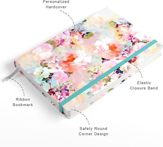 Lined Journal Notebook, Hardcover Journal for Women, Medium 5.7 x 8.4 in, 160 Pages Thick Paper, Cute Aesthetic Floral College Ruled Notebook for Writing Journaling Work Office School, Flower