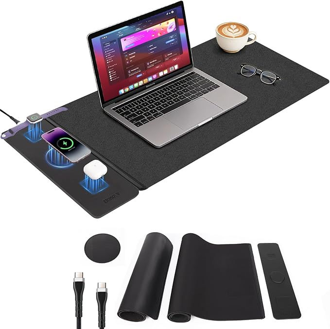 Wireless Charging Mouse Pad with 2nd Gen Tech, 3-in-1 25W Fast Charger, Replaceable Rubber & Microfiber Leather Desk Mat, Large Waterproof Desk Pad for Office & Gaming