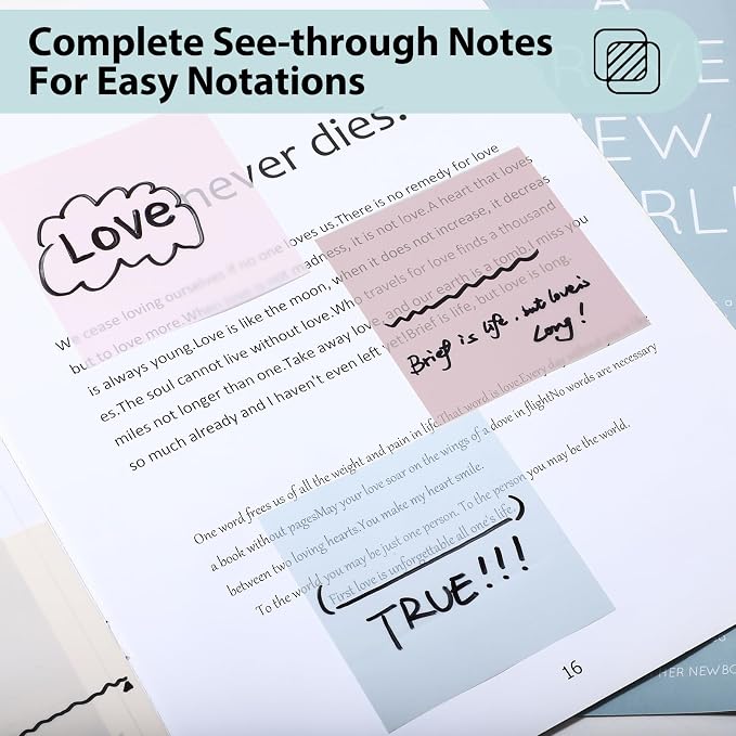 Transparent Sticky Notes - Pastel Color Clear Sticky Notes, 3x3 inch, Waterproof, 300 Sheets for College, School & Office