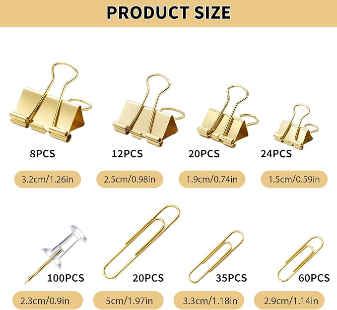 BESARME Gold Paper Clips and Binder Clips Set, 279 Pcs Gold Desk Accessories Assorted Office Essentials in Organizer Box for Office School Home Paper Sorting Note Pinning