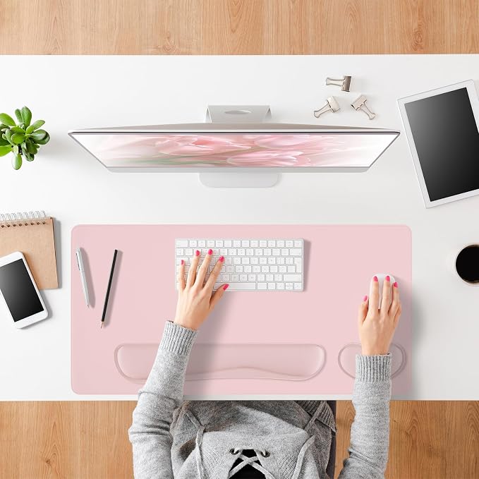 Pink Leather Desk Pad and Keyboard Wrist Rest, 3in1 Mouse pad + Keyboard Wrist Rest + Mouse Wrist Rest, Non-Slip Waterproof Desk Writing Pad for Office and Home (47.2"×23.6")