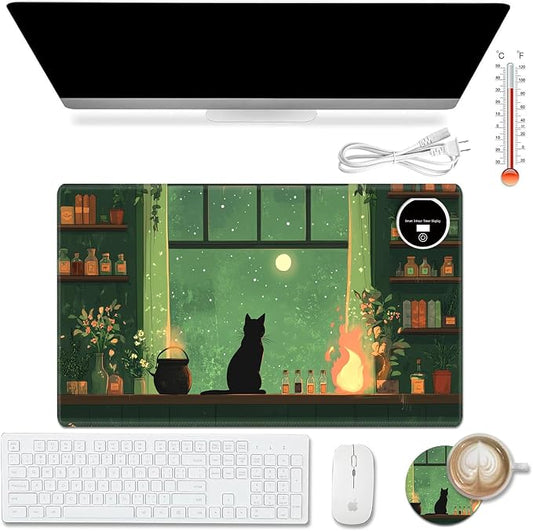 Heated Desk Pad Mouse Pad,Heated Desk Mat,with 3 Heating Levels & 3 Hours Auto Shut-Off,Leather 23.6"*14.2" Gaming Mouse Laptop Mat,Foot Warmer,Cat Green Window