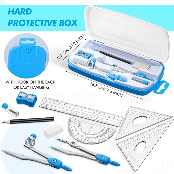 Zonon Math Geometry Set for Students 10 Pcs Compass Geometry Tools Kit Includes Protractor Compass Lead Refills Rulers Pencil Sharpener Eraser Pencil Storage Box for Drafting and Drawings(Blue)