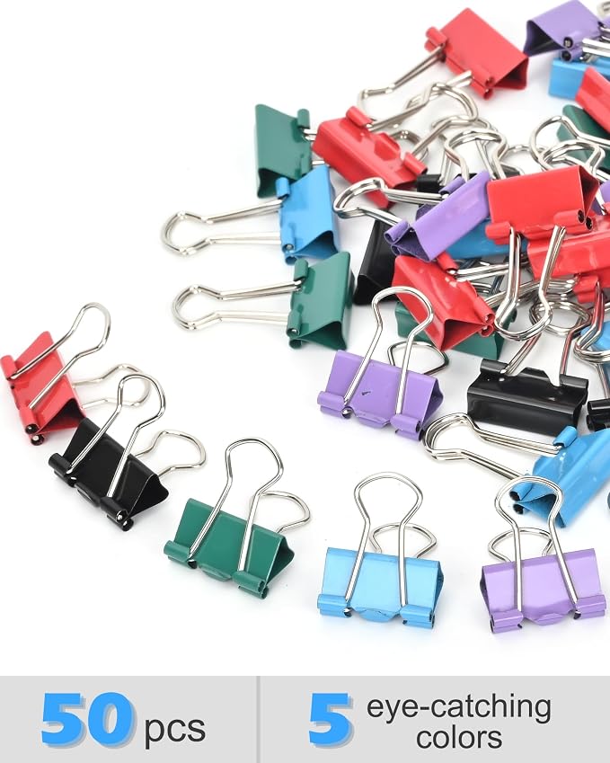 Binder Clips, 50 Pack, 0.75 in Small Paper Clips for Office, (Mixed Color)