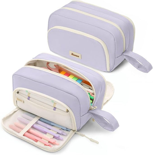 SUNEE Large Pencil Case, Big Capacity Pen Pouch with 3 Compartments, Kawaii Pencil Bag with Zipper, High Storage Stationery Holder and Organizer, School Supplies for Teen and Adult Girls, Light Purple
