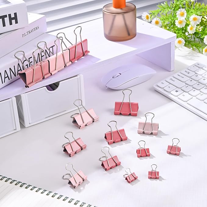 Temiary Aesthetic Binder Clips, Small Metal Binder Clip with Clear Storage Container, Binding Paperwork Clamps for School Teachers Office Supplies (Pink 0.75 Inch, 40P)
