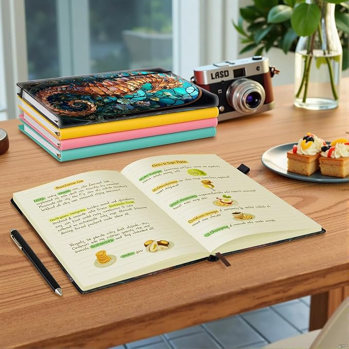Hardcover Executive Notebooks, A5 PU Leather Lined Journal Notebook, 200 Pages Thick Paper Subject Notebooks for School,Work,Home Writing Business Notebook, Diary Book ， Seahorse Colorful