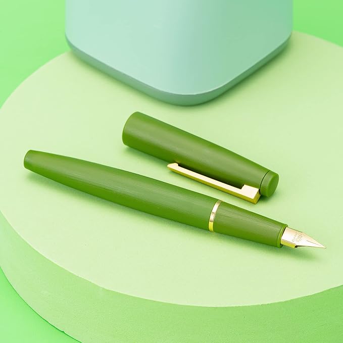 Jinhao 80 Avocado Green Fiber Brushed Fountain Pen, Iridium Fine Gold Nib with Ink Converter, Classic Design Smooth Writing Pen (Gold Clip)