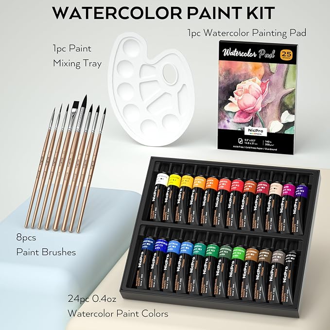 Nicpro Watercolor Paint Set for Adults, Beginner & Artists, 24 Colors Watercolor Tube Set (12ml,0.4oz) with 25 Watercolor Paper Book, 8 Squirrel Paint Brushes, Palettes, Water Color Painting Supplies