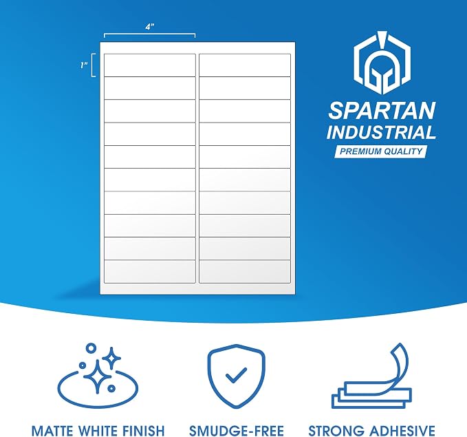 4" X 1" Matte White Printable Address Labels (100 Sheets, 2000 Stickers) | Mailing Labels for Envelopes, File Folder Stickers for Laser & Inkjet Printers - Spartan Industrial Template R017