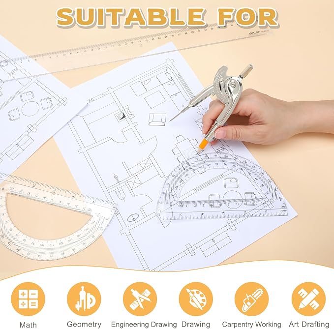 Mototo 30-PCS Geometry Tool Set, Math Compass for Geometry and 6 Inch Protractor Set Include Metal Compass with Pencil and Clear Plastic Protractor for Student Classroom Office Woodworking Art Drawing