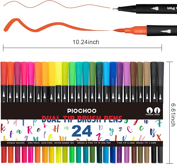 Piochoo Dual Brush Marker Pens,24 Colored Markers,Fine Point and Brush Tip for Adult Coloring Books Bullet Journals Planners,Note Taking Coloring Writing