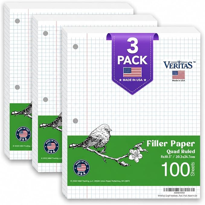 WritePads Graph Paper Loose Leaf Paper, 300 Sheets, 8 x 10.5 Inch 4x4 Quad Ruled Graphing Paper, 3 Hole Punched Filler Notebook Paper for 3 Ring Binders, 65 GSM, Made in USA
