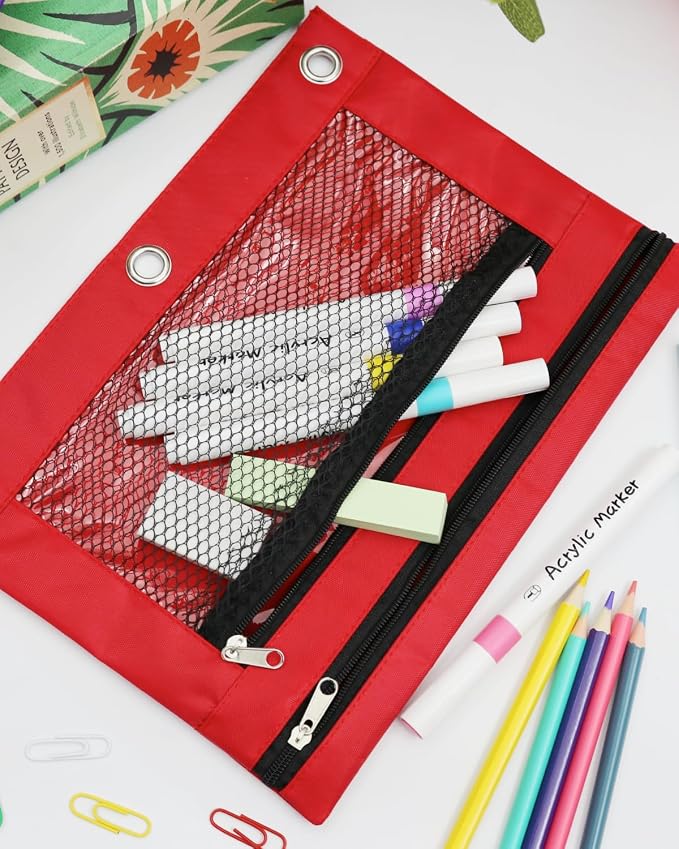 3 Ring Binder Pencil Pouch - Oxford Fabric Pencil Case with 2 Zippered Pockets, Clear Mesh Window Pencil Bag, B5 Size for Office & Travel Supplies (Red)