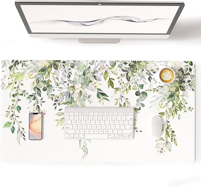 Colorful Star Green Leaves Waterproof Office Desk Mat, 31.5" x 15.7" | Large Non-Slip Gaming Mouse Pad, XXL PC Laptop Protector Pads, PU Leather Desk Writing Pads for Office Home