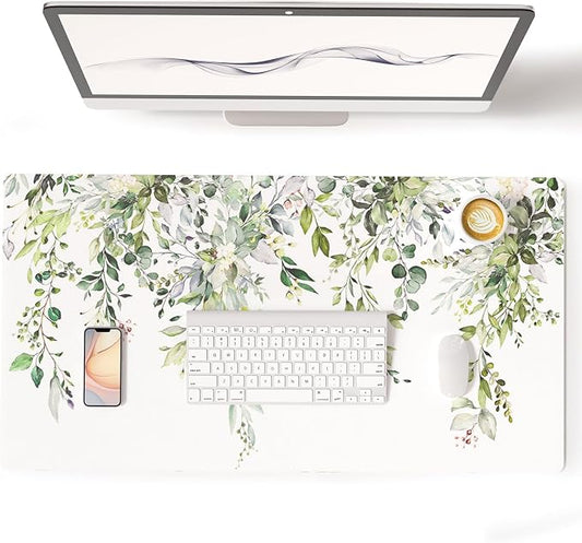Colorful Star Green Leaves Waterproof Office Desk Mat, 31.5" x 15.7" | Large Non-Slip Gaming Mouse Pad, XXL PC Laptop Protector Pads, PU Leather Desk Writing Pads for Office Home