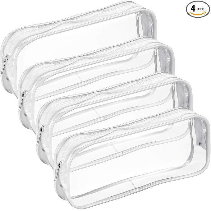 Tatuo 4 Pieces Clear PVC Bags Big Capacity Zipper Pencil Pouch Case Travel Luggage Makeup Cosmetic Bag (White)