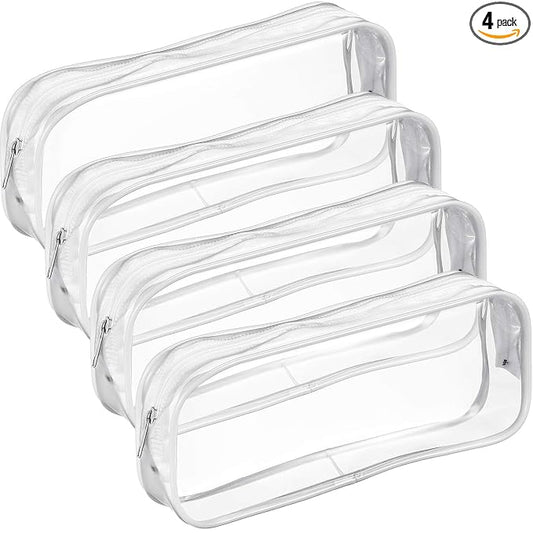 Tatuo 4 Pieces Clear PVC Bags Big Capacity Zipper Pencil Pouch Case Travel Luggage Makeup Cosmetic Bag (White)