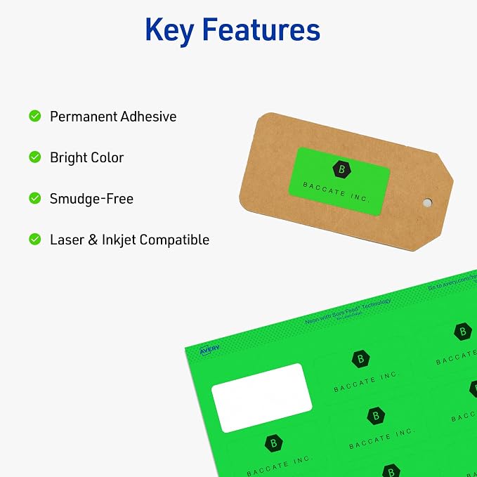 Avery Printable Address Labels, Sure Feed Technology, 1" x 2-5/8", Neon Green, Laser & Inkjet Compatible, 750 Blank Labels Total, Great for Branding, Mailing, Organizing, and More (5971)