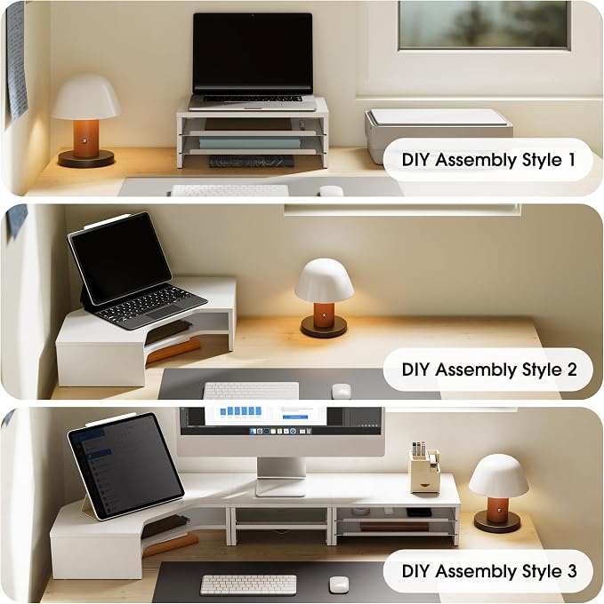Fenge Dual Monitor Stand, Corner Desk Shelf with Drawer & Slide-Out Tray | Modular Design for Flexible Layouts, 2-Tier Storage Desktop Organizer for Computer, Laptop, Printer and Telephone