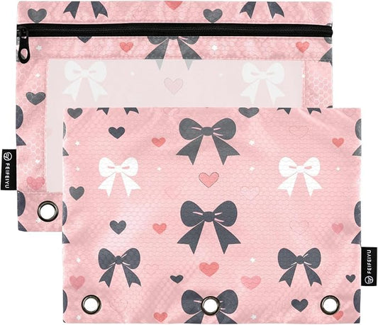 Black Bow Pink Heart Pencil Pouch for 3 Ring Binder 2 Pack Zipper Binder Pencil Bag with Clear Window Pencil Case for Office Supplies