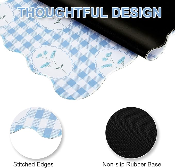 L-SPOUTTO Blue Mouse Pad,Cottagecore Scalloped Desk Mat XXL Gaming Mousepad | Checkered Floral Large 35.4x15.7in Non-Slip Rustic Keyboard Pad Desktop Mat for Laptop Computer Game Home Office