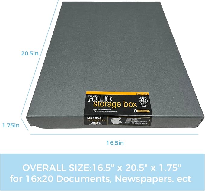 Lineco Clamshell Archival Storage Box, 16.5x20.5x1.75 Inch, Gray, Pack of 2 | Acid-Free with Metal Edge Boxboard, Organize and Store Photos Documents Cards Negatives Magazine Prints Family Records DIY