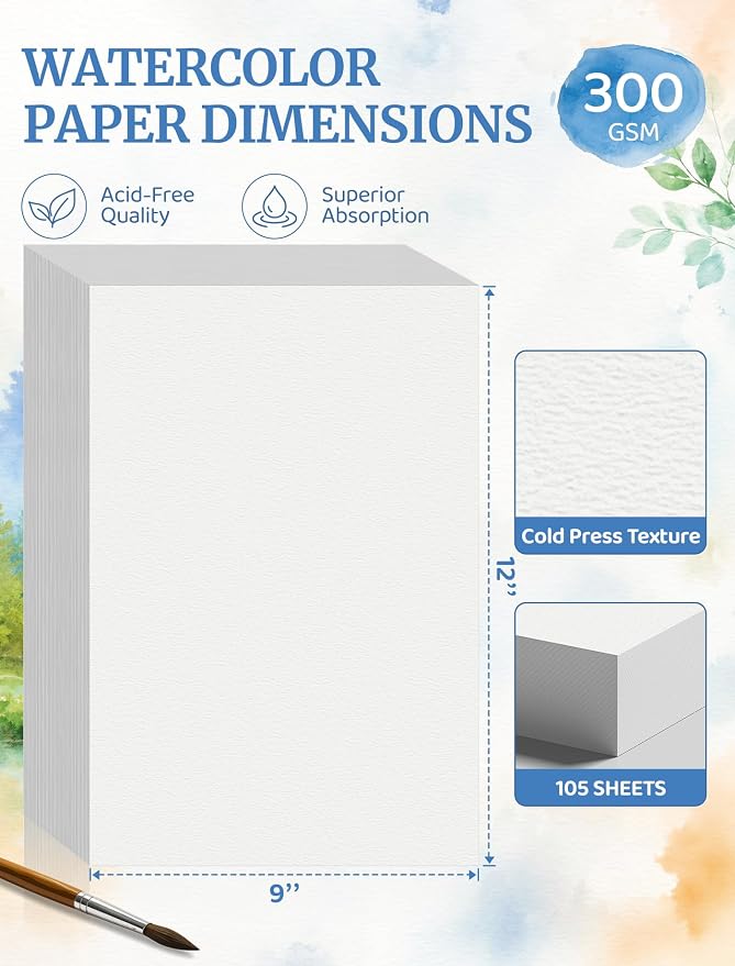 105 Sheets Watercolor Paper 9x12, Cold Press Watercolor Paper Bulk, 140 LB/300 GSM Water Color Paper 9x12, Art Supplies for Kids Adults, Watercolor Paper Pad for Painting, Sketching, Acrylic, Gouache
