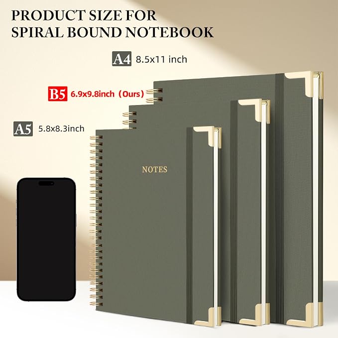 B5 Spiral Notebook Journal, (6.9×9.8'' ) 100 Pages 50 Sheets Linen Hardcover College Ruled Journaling For Work & Note Taking Thick Spiral Journal For Writing Daily Journal For Women & Men -Green