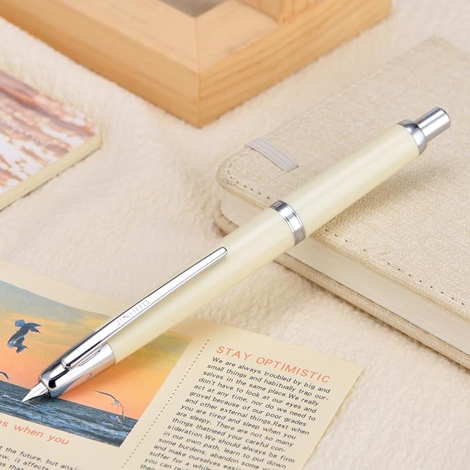 Jinhao 20 Press Retractable Fountain Pen Medium Nib with Converter Resin Writing Gift Pen, Ivory with Silver Clip